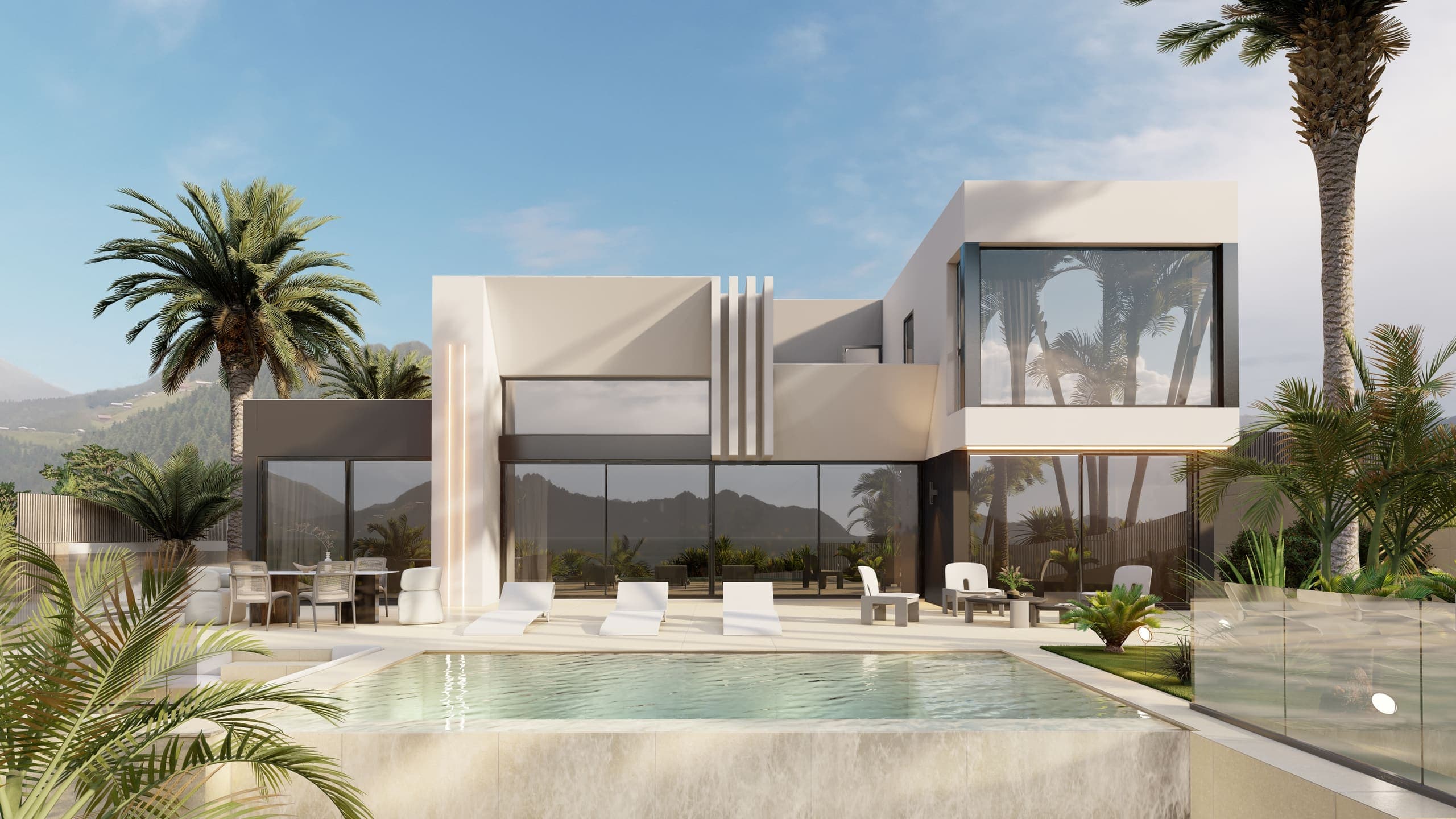 Villa unifamiliar moderna de Urbara en Tenerife al atardecer, con piscina, palmeras y grandes ventanales iluminados